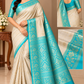 Pure Handloom Soft Silk Ivory Cream & Turquoise Teal Saree with Gold Zari Checks