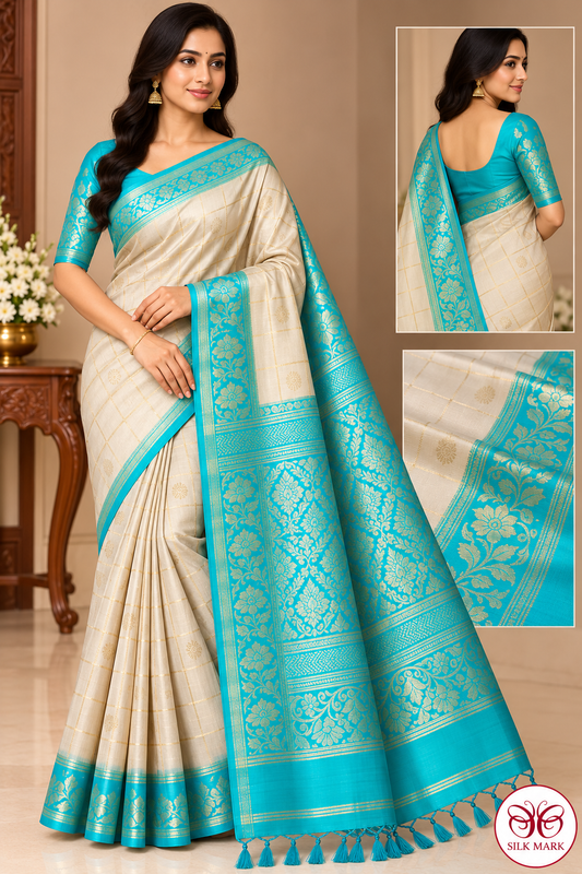 Pure Handloom Soft Silk Ivory Cream & Turquoise Teal Saree with Gold Zari Checks