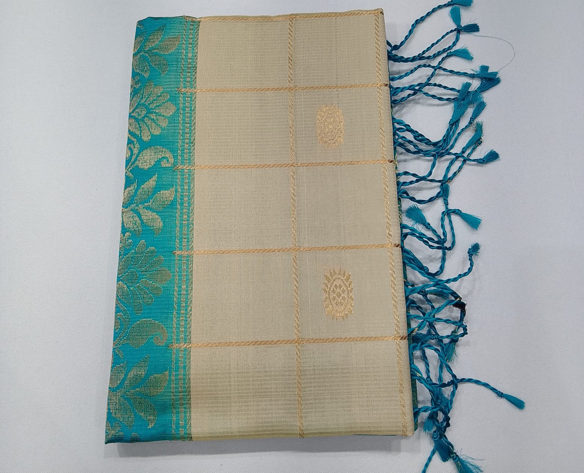 Pure Handloom Soft Silk Ivory Cream & Turquoise Teal Saree with Gold Zari Checks