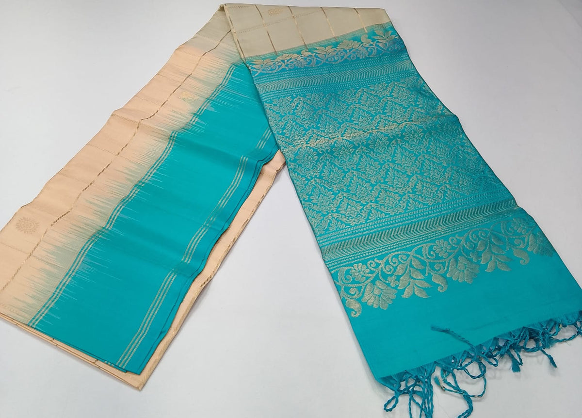 Pure Handloom Soft Silk Ivory Cream & Turquoise Teal Saree with Gold Zari Checks