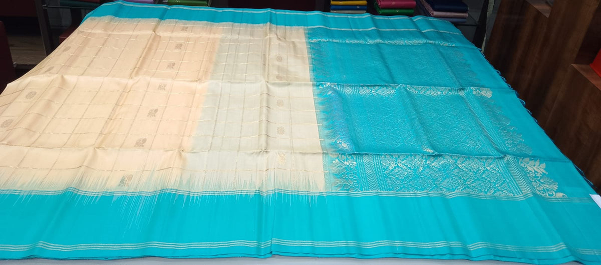 Pure Handloom Soft Silk Ivory Cream & Turquoise Teal Saree with Gold Zari Checks
