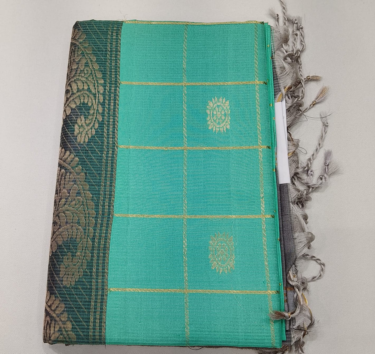 Pure Handloom Soft Silk Mint Turquoise Green & Silver Grey Saree with Gold Zari Checks