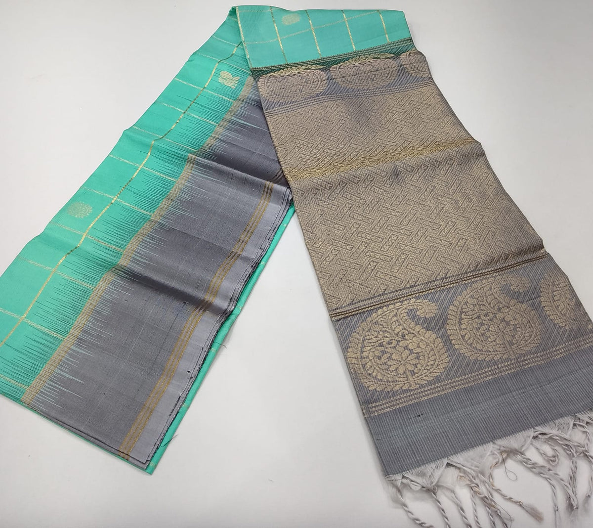 Pure Handloom Soft Silk Mint Turquoise Green & Silver Grey Saree with Gold Zari Checks