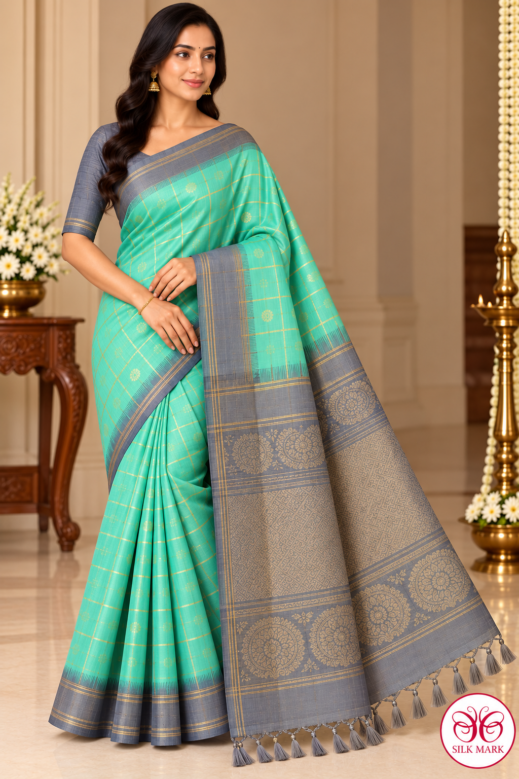 Pure Handloom Soft Silk Mint Turquoise Green & Silver Grey Saree with Gold Zari Checks