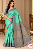 Pure Handloom Soft Silk Mint Turquoise Green & Silver Grey Saree with Gold Zari Checks