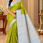Pure Handloom Soft Silk Lime Green & Silver-Blue Saree with Gold Checks