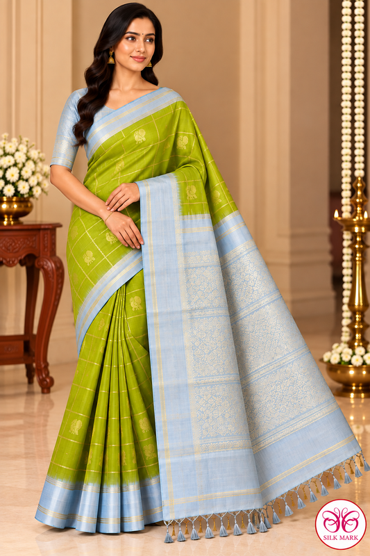 Pure Handloom Soft Silk Lime Green & Silver-Blue Saree with Gold Checks