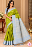 Pure Handloom Soft Silk Lime Green & Silver-Blue Saree with Gold Checks