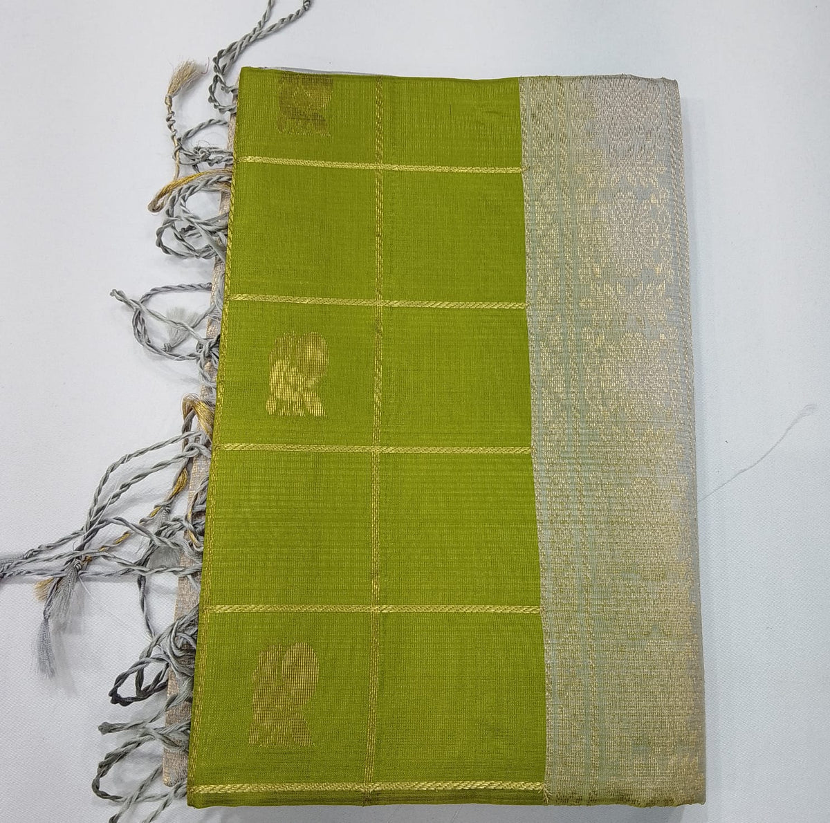 Pure Handloom Soft Silk Lime Green & Silver-Blue Saree with Gold Checks