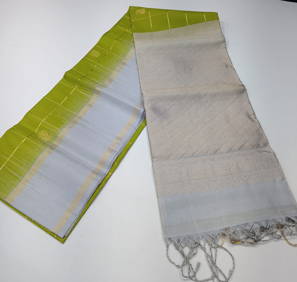 Pure Handloom Soft Silk Lime Green & Silver-Blue Saree with Gold Checks