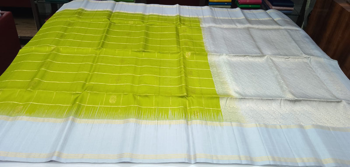 Pure Handloom Soft Silk Lime Green & Silver-Blue Saree with Gold Checks