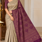 Pure Handloom Soft Silk Borderless Saree – Taupe Beige with Antique Gold & Wine Plum Pallu