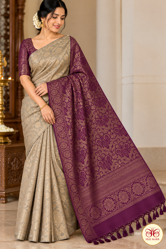 Pure Handloom Soft Silk Borderless Saree – Taupe Beige with Antique Gold & Wine Plum Pallu