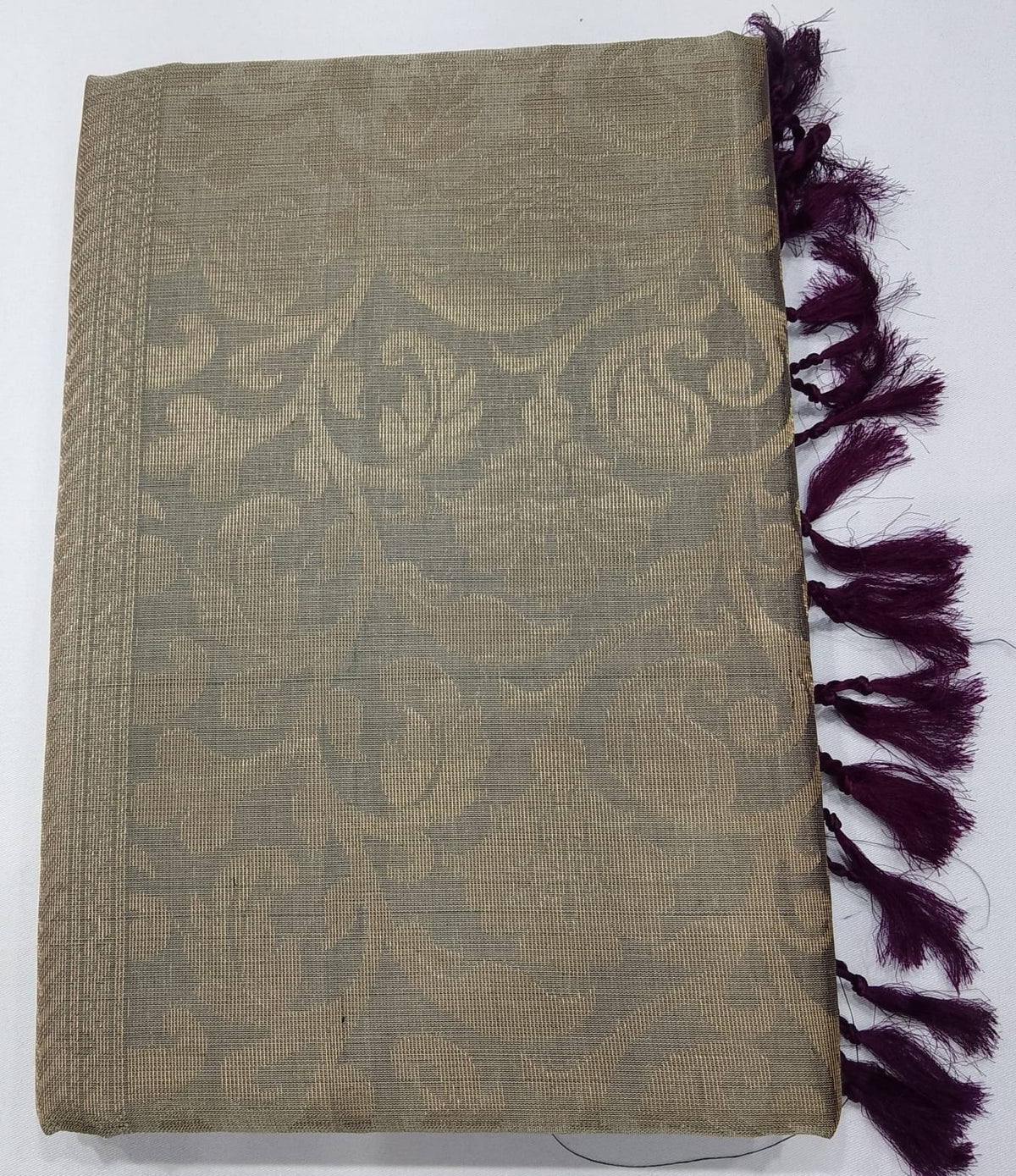 Pure Handloom Soft Silk Borderless Saree – Taupe Beige with Antique Gold & Wine Plum Pallu