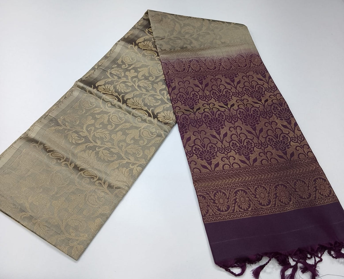 Pure Handloom Soft Silk Borderless Saree – Taupe Beige with Antique Gold & Wine Plum Pallu