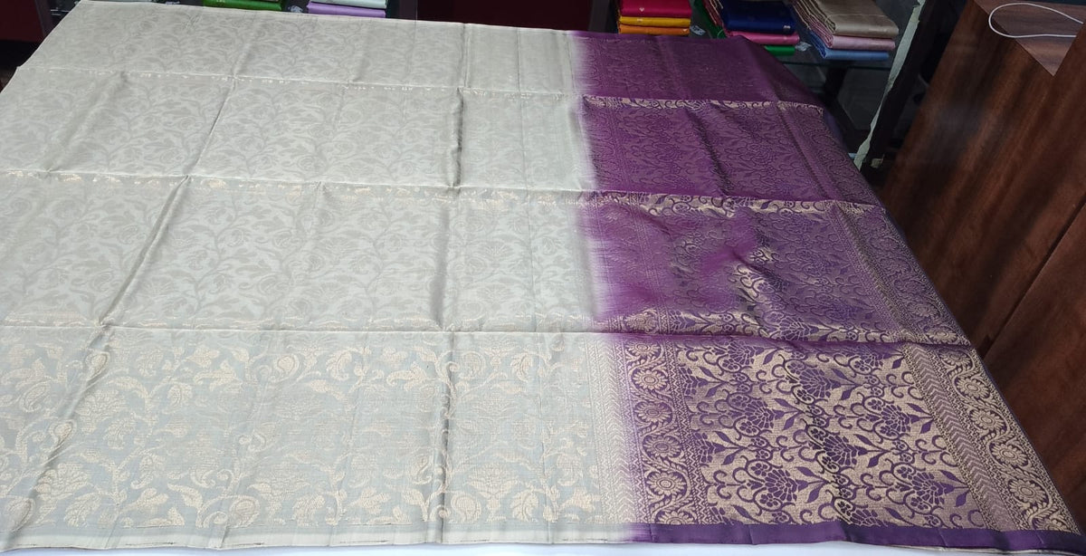 Pure Handloom Soft Silk Borderless Saree – Taupe Beige with Antique Gold & Wine Plum Pallu