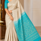 Pure Handloom Soft Silk Borderless Saree – Cream Beige with Turquoise Blue Pallu