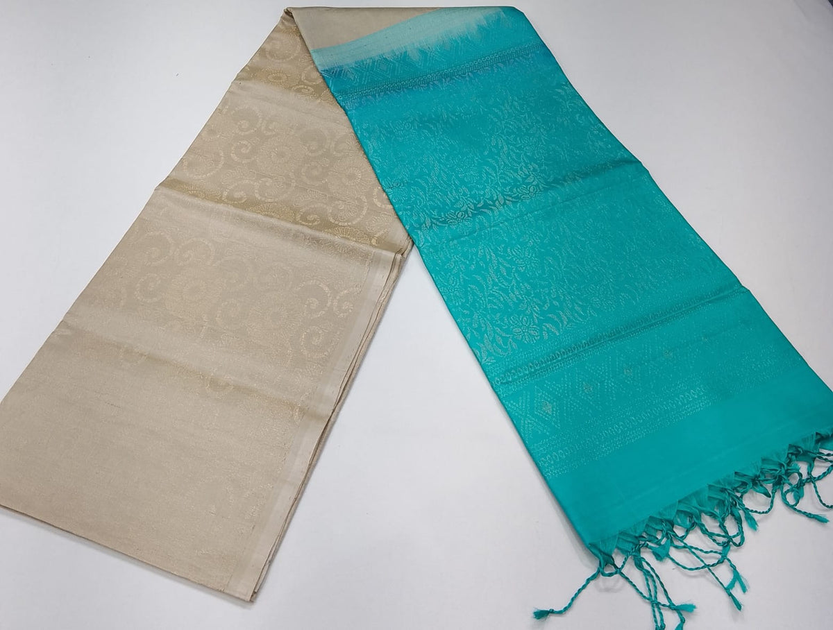 Pure Handloom Soft Silk Borderless Saree – Cream Beige with Turquoise Blue Pallu