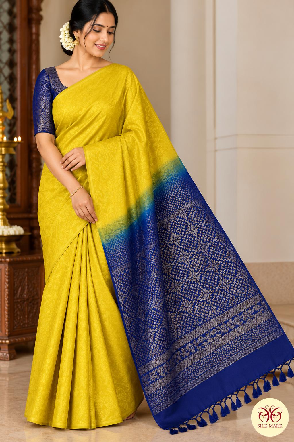 Pure Handloom Soft Silk Borderless Saree – Mustard Yellow with Royal Navy Blue Pallu