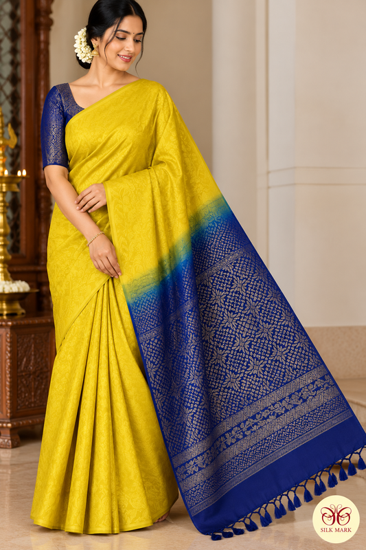 Pure Handloom Soft Silk Borderless Saree – Mustard Yellow with Royal Navy Blue Pallu