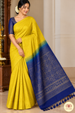 Pure Handloom Soft Silk Borderless Saree – Mustard Yellow with Royal Navy Blue Pallu