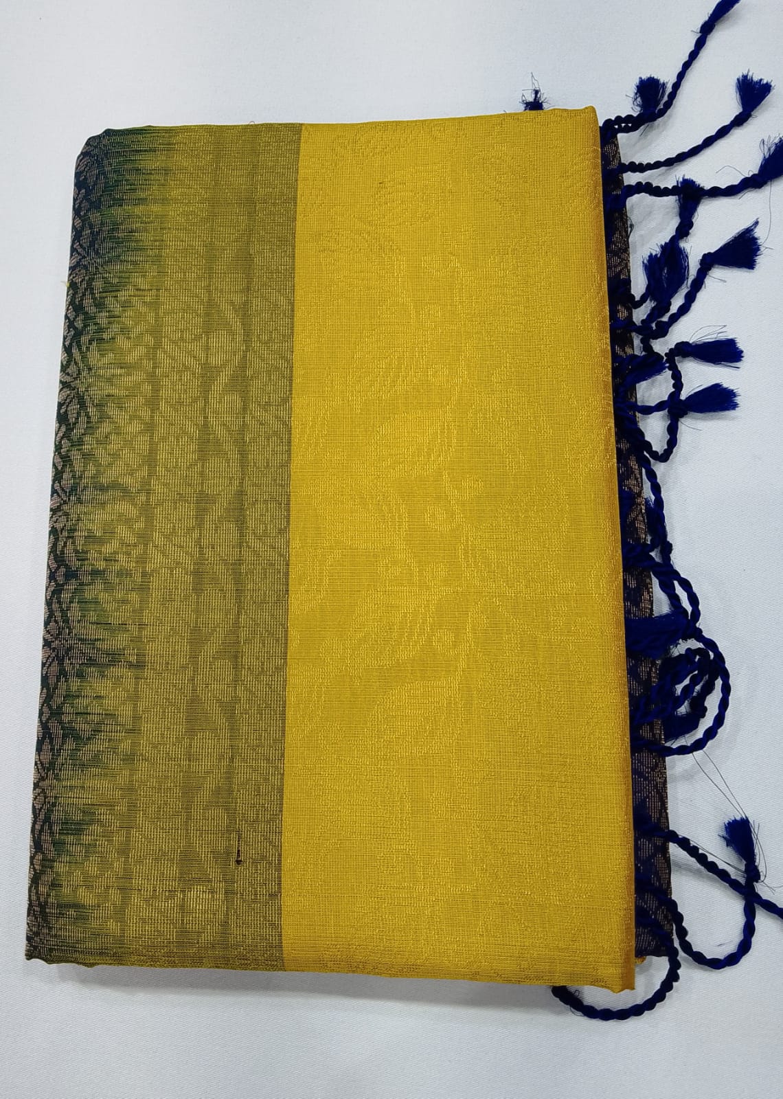 Pure Handloom Soft Silk Borderless Saree – Mustard Yellow with Royal Navy Blue Pallu