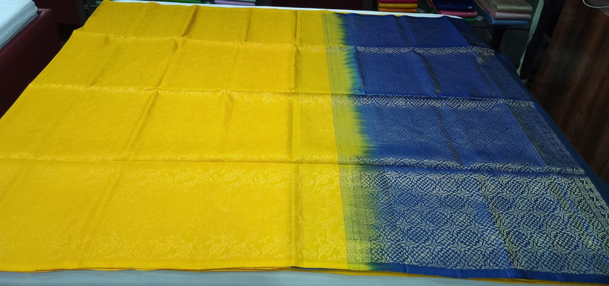 Pure Handloom Soft Silk Borderless Saree – Mustard Yellow with Royal Navy Blue Pallu