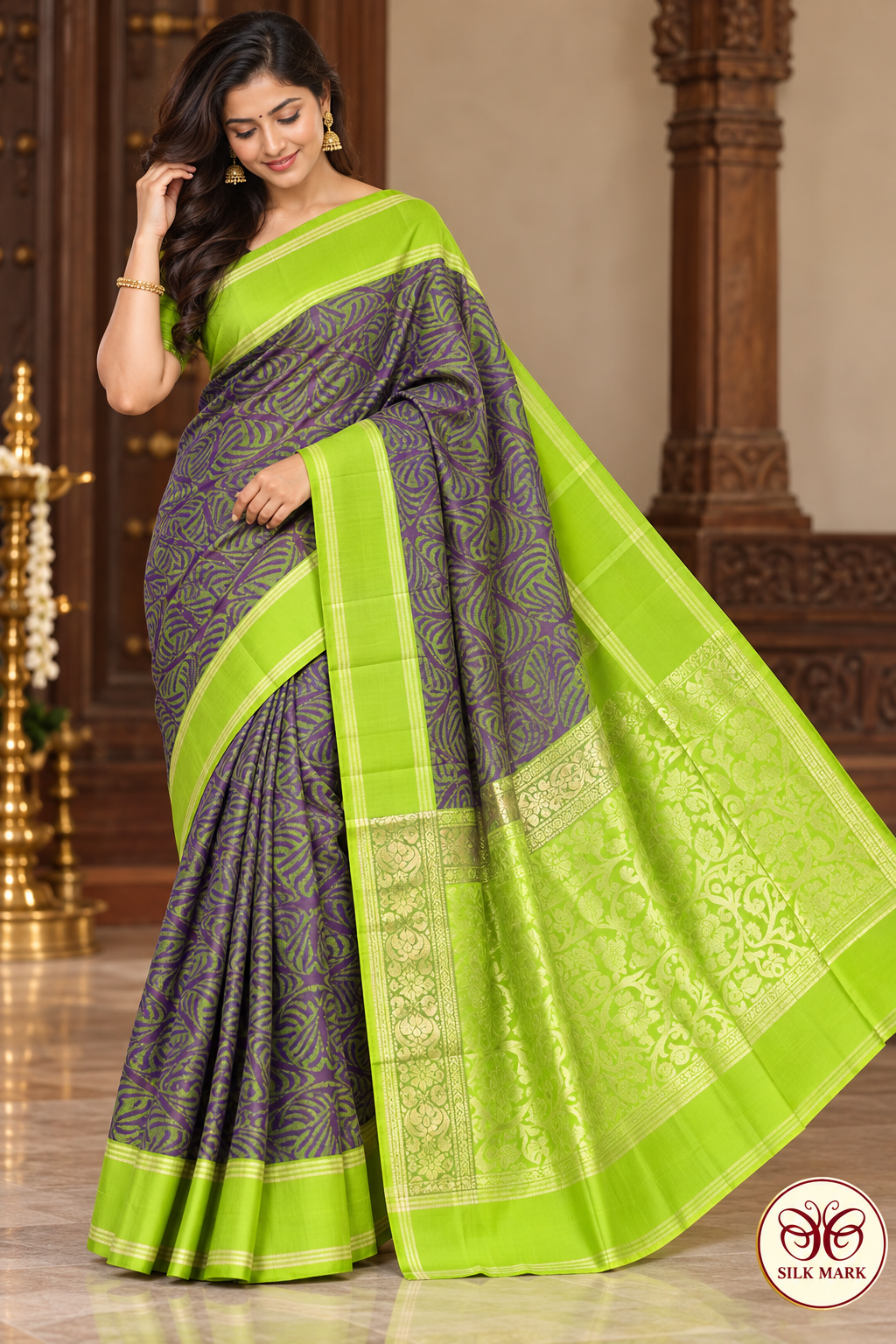 Pure Handloom Soft Silk Saree – Deep Plum Purple with Parrot Green Pallu