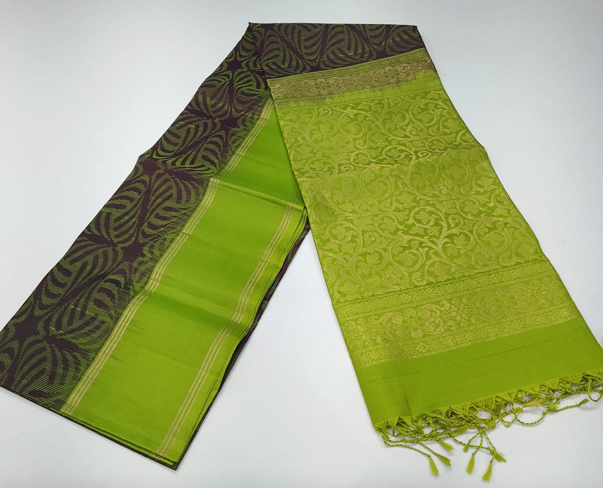 Pure Handloom Soft Silk Saree – Deep Plum Purple with Parrot Green Pallu