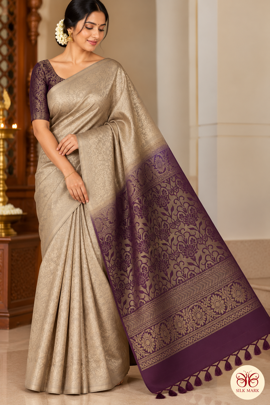 Pure Handloom Soft Silk Borderless Saree – Taupe Beige with Deep Wine Plum Pallu