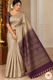 Pure Handloom Soft Silk Borderless Saree – Taupe Beige with Deep Wine Plum Pallu