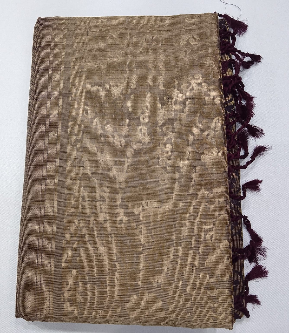 Pure Handloom Soft Silk Borderless Saree – Taupe Beige with Deep Wine Plum Pallu