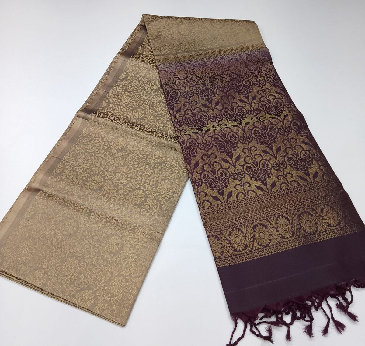 Pure Handloom Soft Silk Borderless Saree – Taupe Beige with Deep Wine Plum Pallu