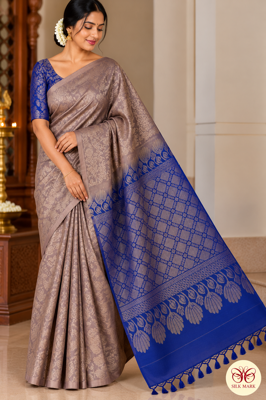 Pure Handloom Soft Silk Saree – Dusty Mauve Rose with Royal Blue Brocade Pallu