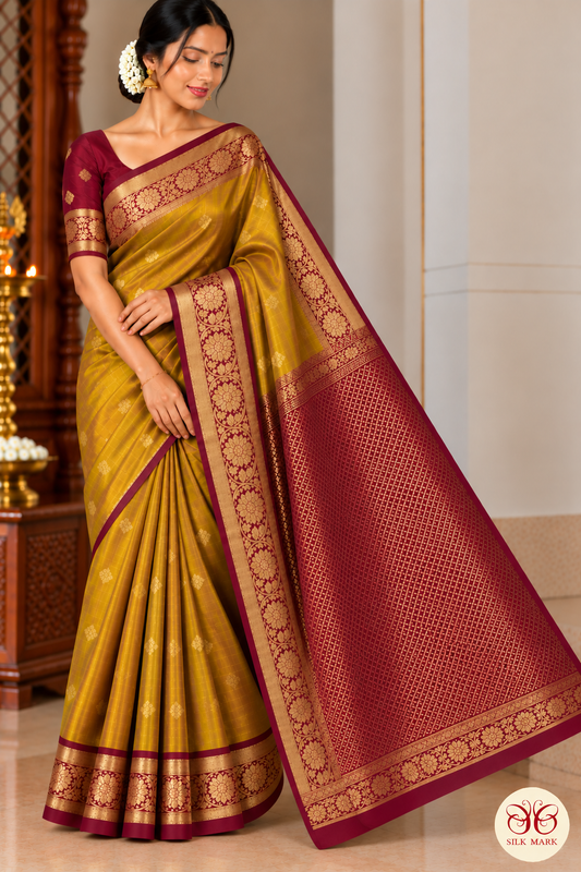 Pure Handloom Kanjivaram Silk Saree – Mustard Gold & Maroon Dual Shade with Zari Border