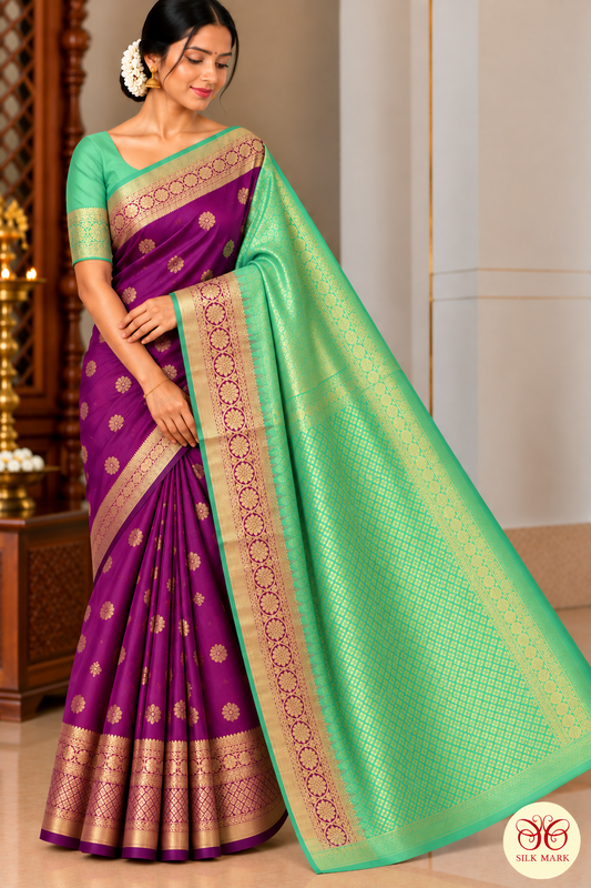 Pure Handloom Kanjivaram Silk Saree – Plum Purple & Mint Green with Rich Gold Zari