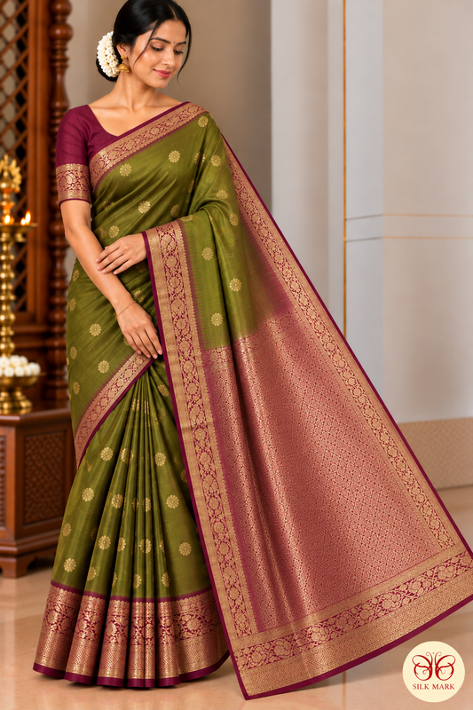 Pure Handloom Kanjivaram Dual Tone Silk Saree – Olive Green & Wine Mauve with Zari Buttas
