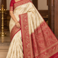 Ivory Cream & Rani Red Semi Silk Saree with Antique Gold Zari Paisley Border