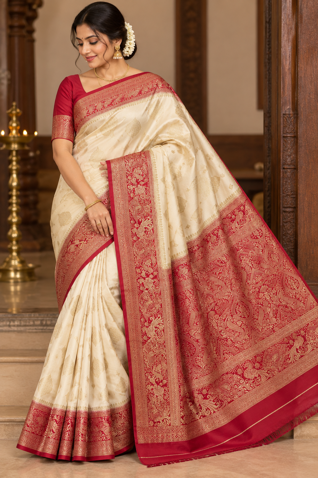 Ivory Cream & Rani Red Semi Silk Saree with Antique Gold Zari Paisley Border