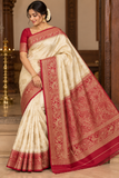 Ivory Cream & Rani Red Semi Silk Saree with Antique Gold Zari Paisley Border