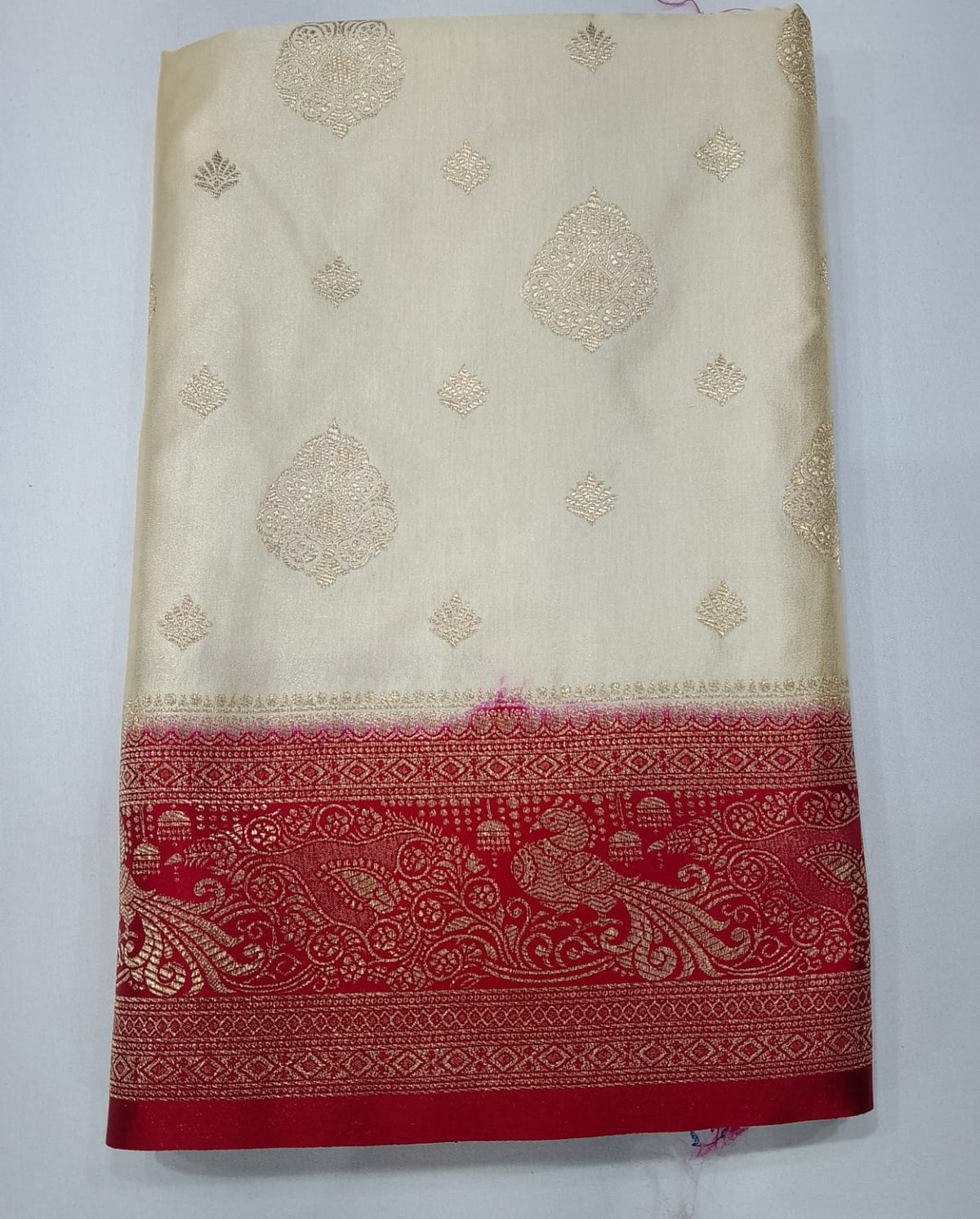 Ivory Cream & Rani Red Semi Silk Saree with Antique Gold Zari Paisley Border