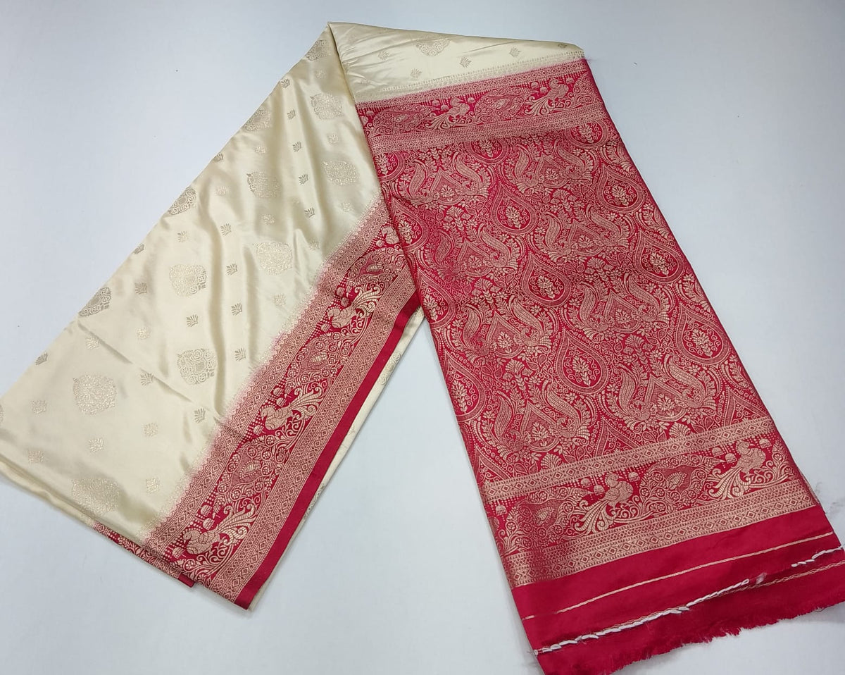 Ivory Cream & Rani Red Semi Silk Saree with Antique Gold Zari Paisley Border