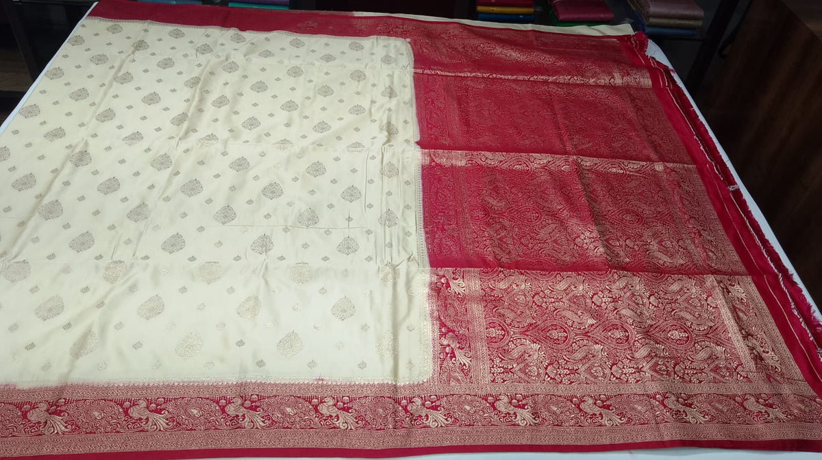 Ivory Cream & Rani Red Semi Silk Saree with Antique Gold Zari Paisley Border