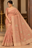 Dusty Peach Mercerized Cotton Saree with Antique Gold Floral Vine Work