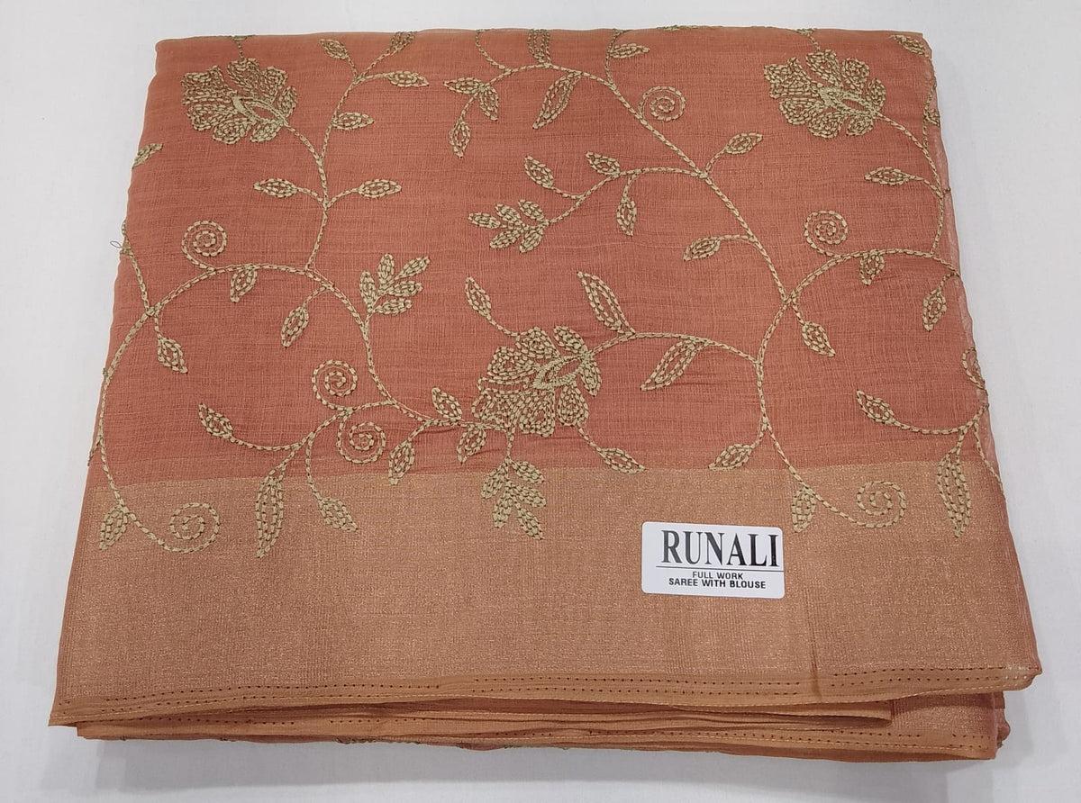 Dusty Peach Mercerized Cotton Saree with Antique Gold Floral Vine Work