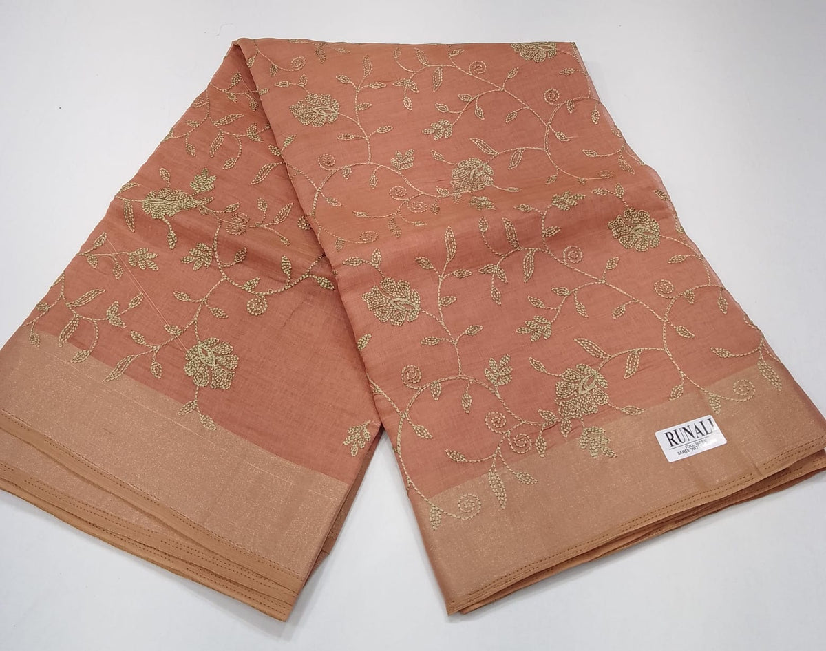 Dusty Peach Mercerized Cotton Saree with Antique Gold Floral Vine Work