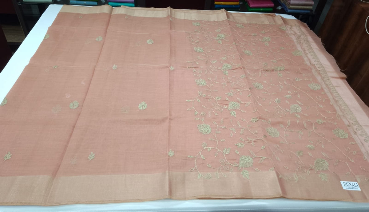 Dusty Peach Mercerized Cotton Saree with Antique Gold Floral Vine Work