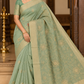Sage Green Mercerized Cotton Saree with Antique Gold Floral Embroidery