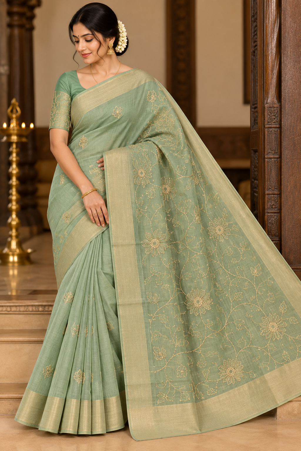Sage Green Mercerized Cotton Saree with Antique Gold Floral Embroidery