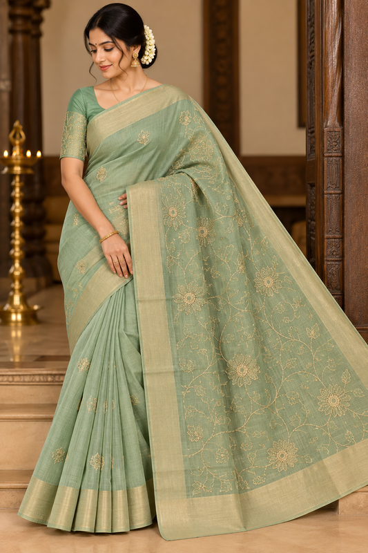 Sage Green Mercerized Cotton Saree with Antique Gold Floral Embroidery